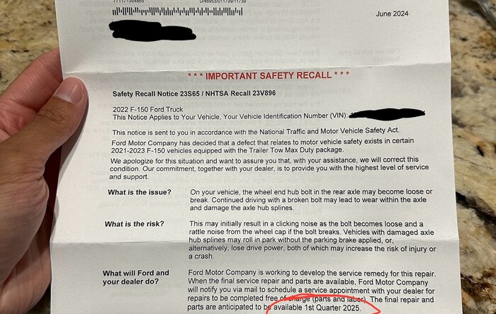 SAFETY RECALL 23S65 / NHTSA RECALL 23V896 -- 2021-2023 F-150 with Trailer Tow Max Duty Package (Wheel End Hub Bolt Issue)